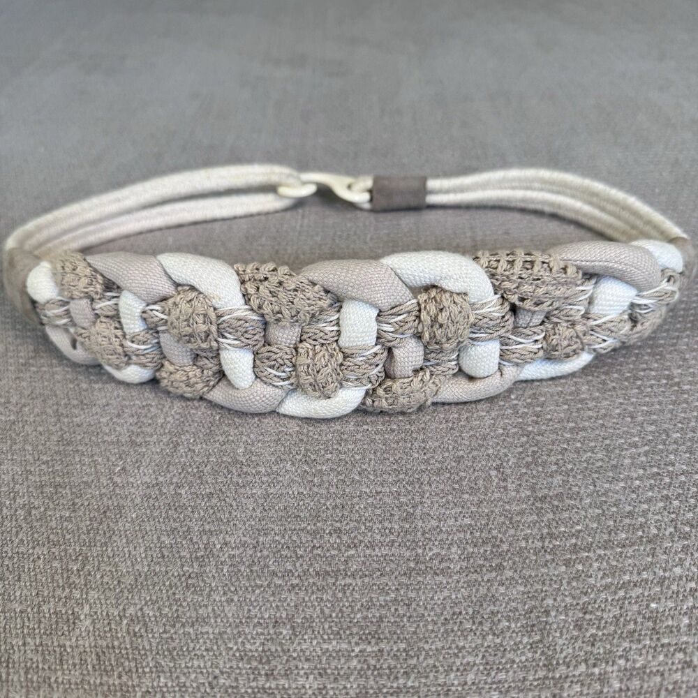 Vintage Leather Shop Cream Braided Fabric & Leather Belt Stretchy Boho S/M 544